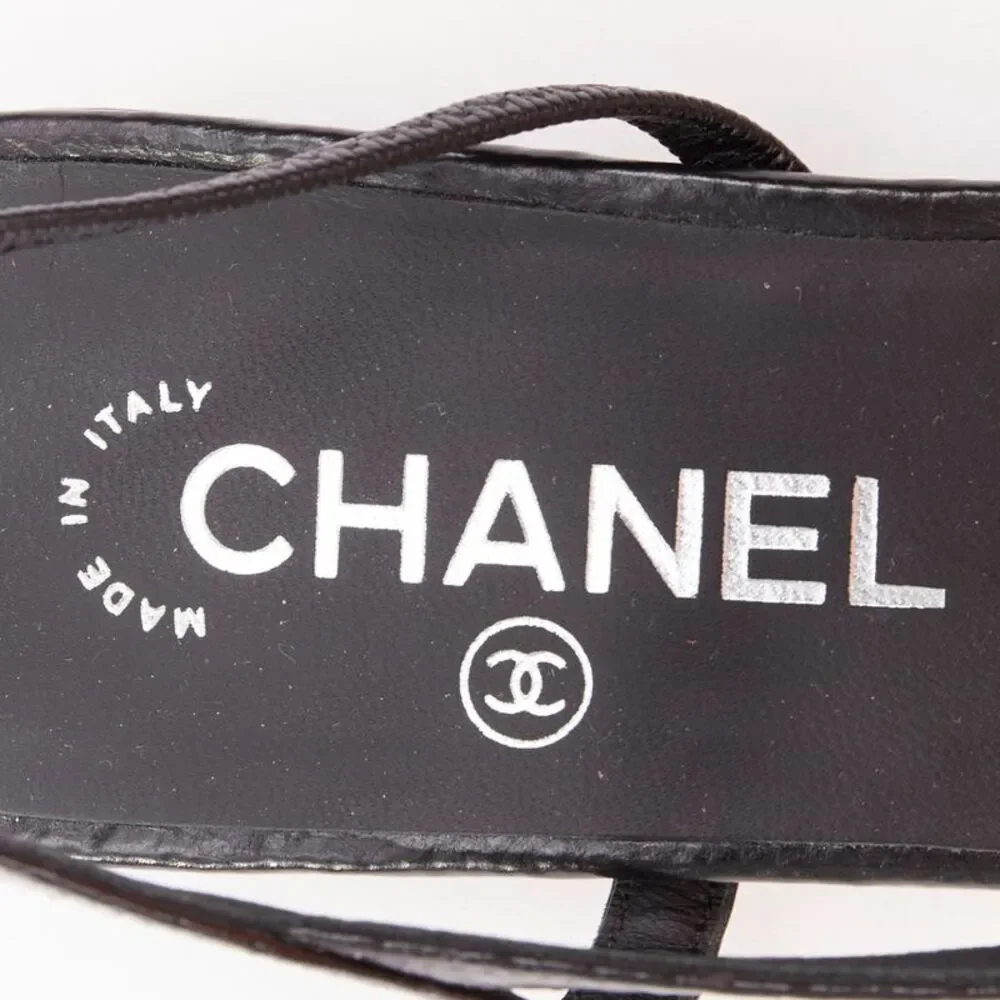 Chanel two tone gunmetal cap toe black leather flats